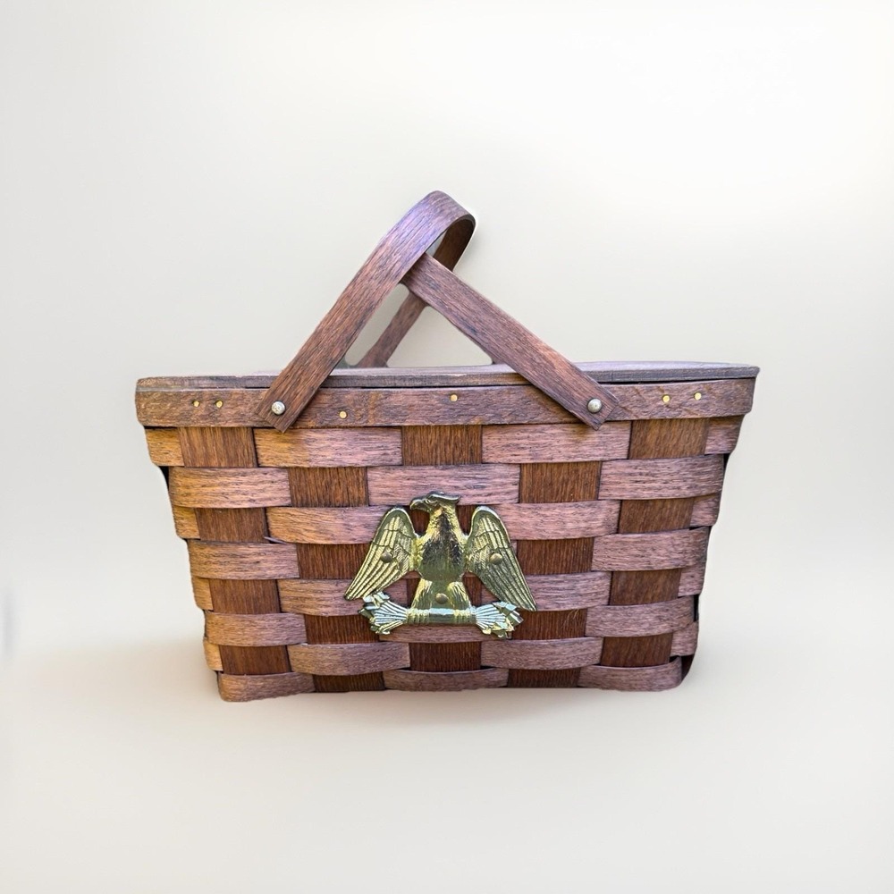 Vintage Woven Wood Picnic Basket with Eagle Brass Emblem and Plastic Dish Set